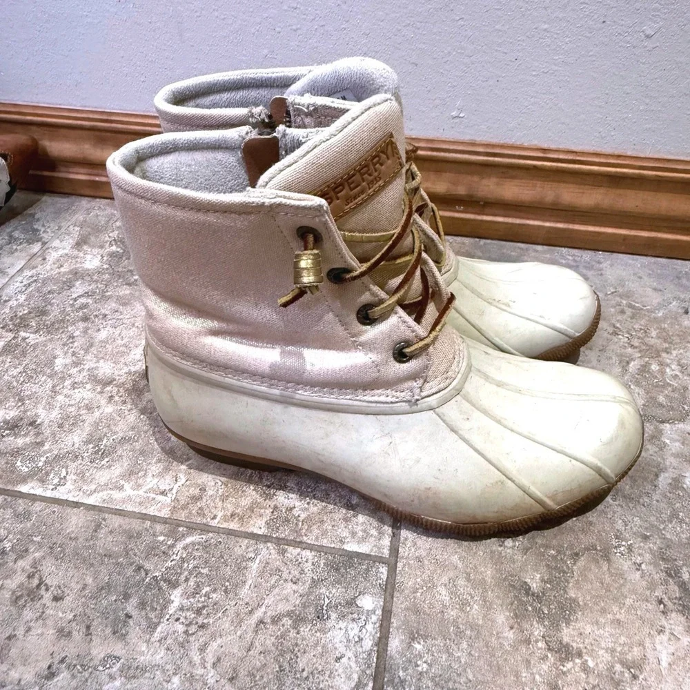 Sperry‎ Women's Duck Boots Waterproof Cream Tan Lace Up Zip Size 7.5